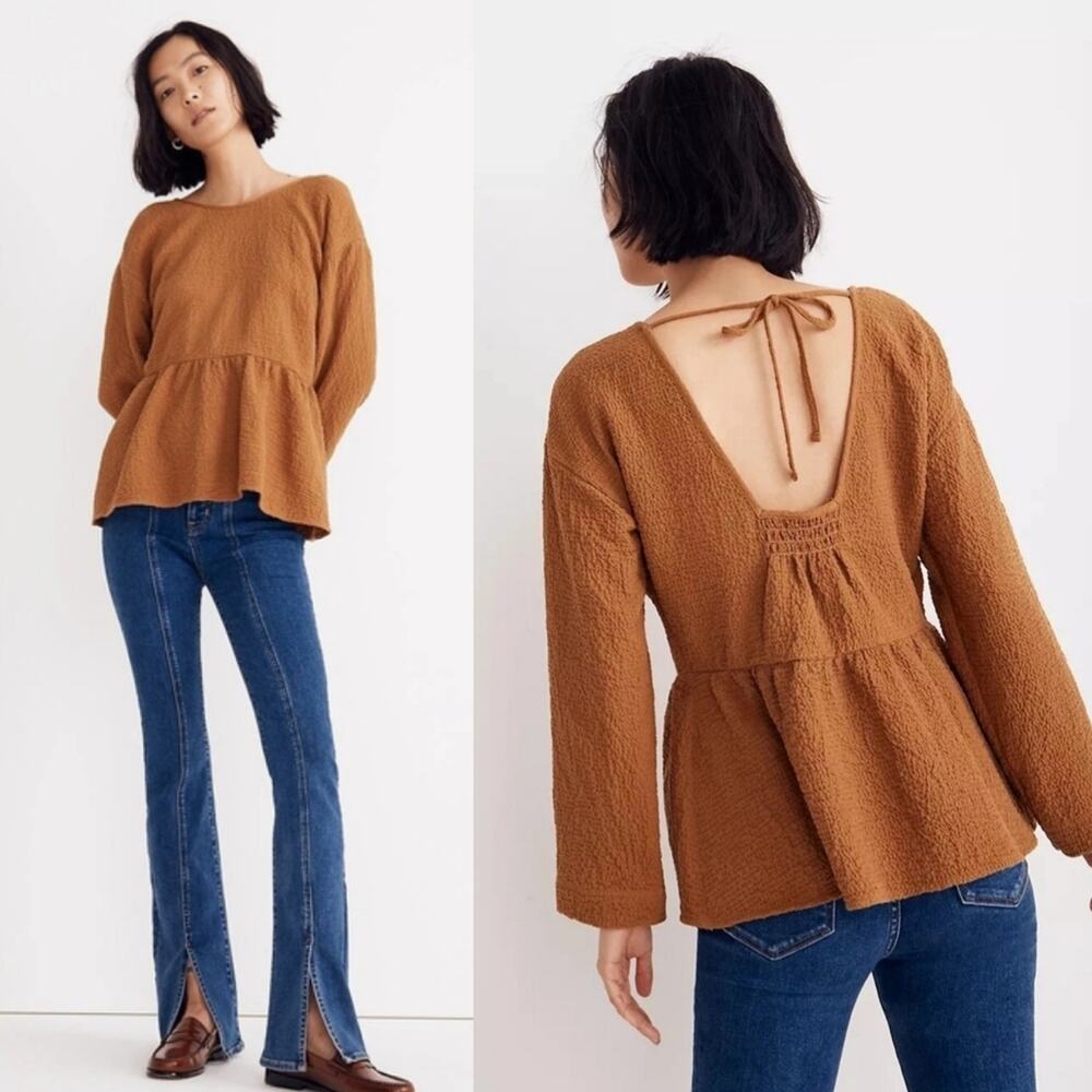 MADEWELL Open-Back Peplum Long Sleeve Top in Toffee Brown FLAWED Size XL